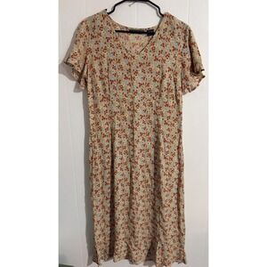 Eddie Bauer Vintage Floral Rayon Midi Dress Tan Red Blue Ruffle Hem Womens 10